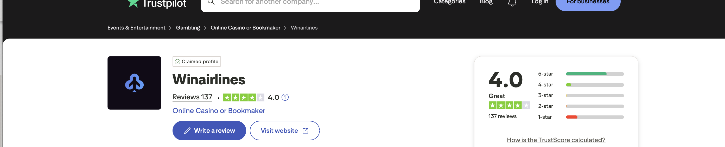 Winairlines Casino Trustpilot Bewertungsübersicht mit 4.0 Sterne Rating